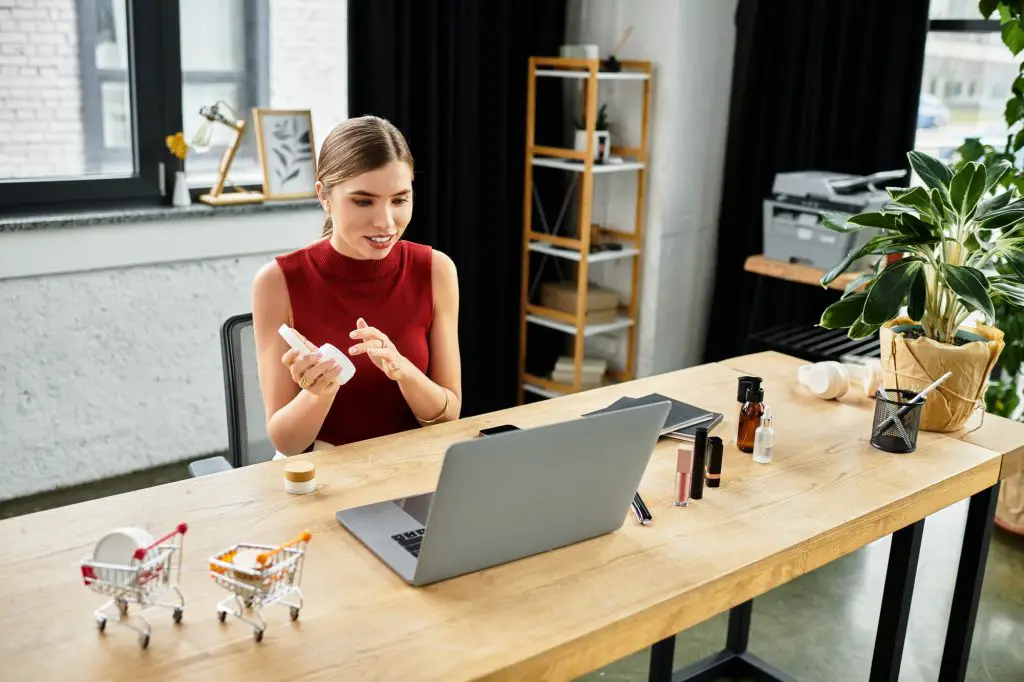 Attractive millennial influencer shares her beauty tips and showcases products during a livestream