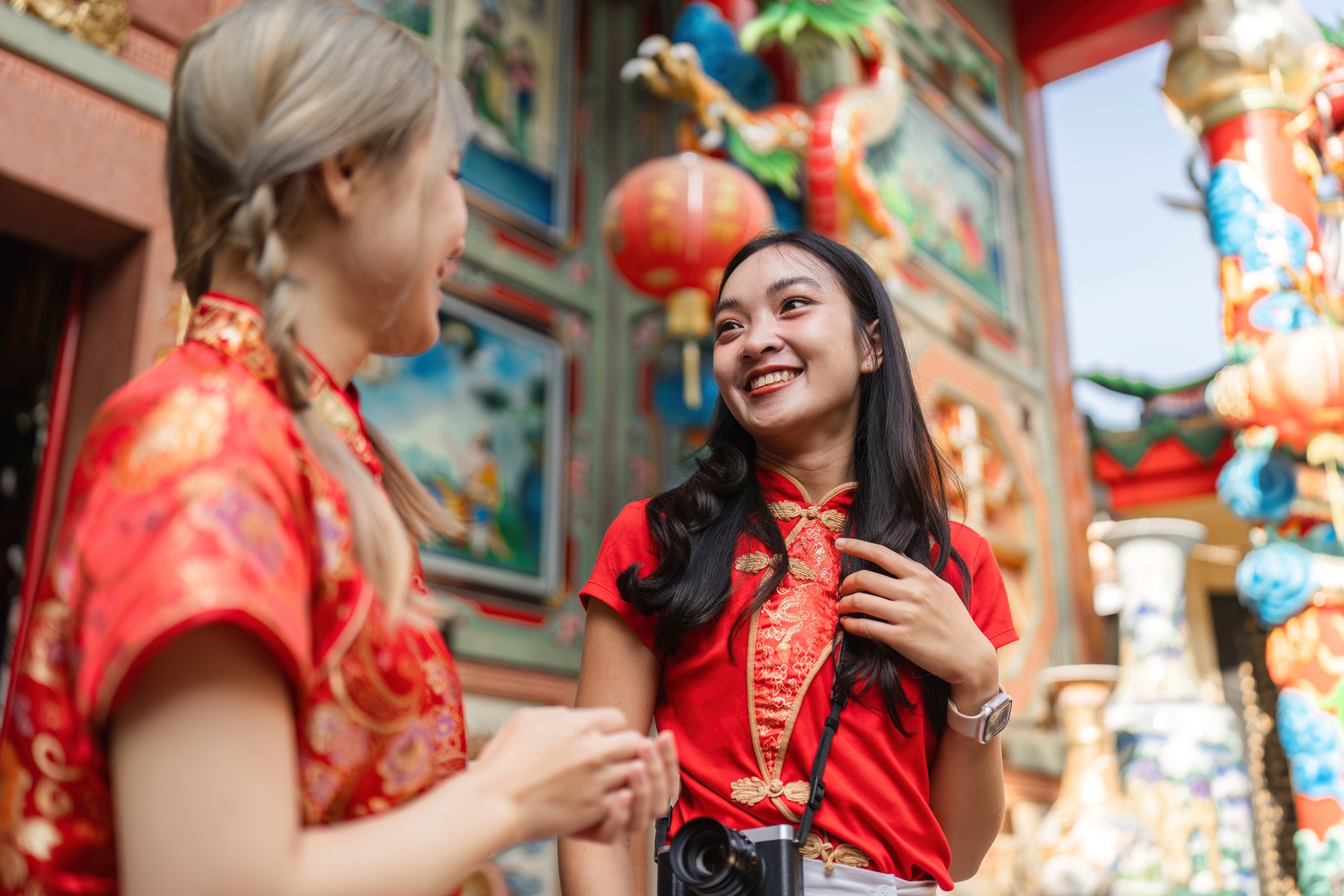Celebrating chinese new year worship at a shrine cultural gathering urban environment close-up view