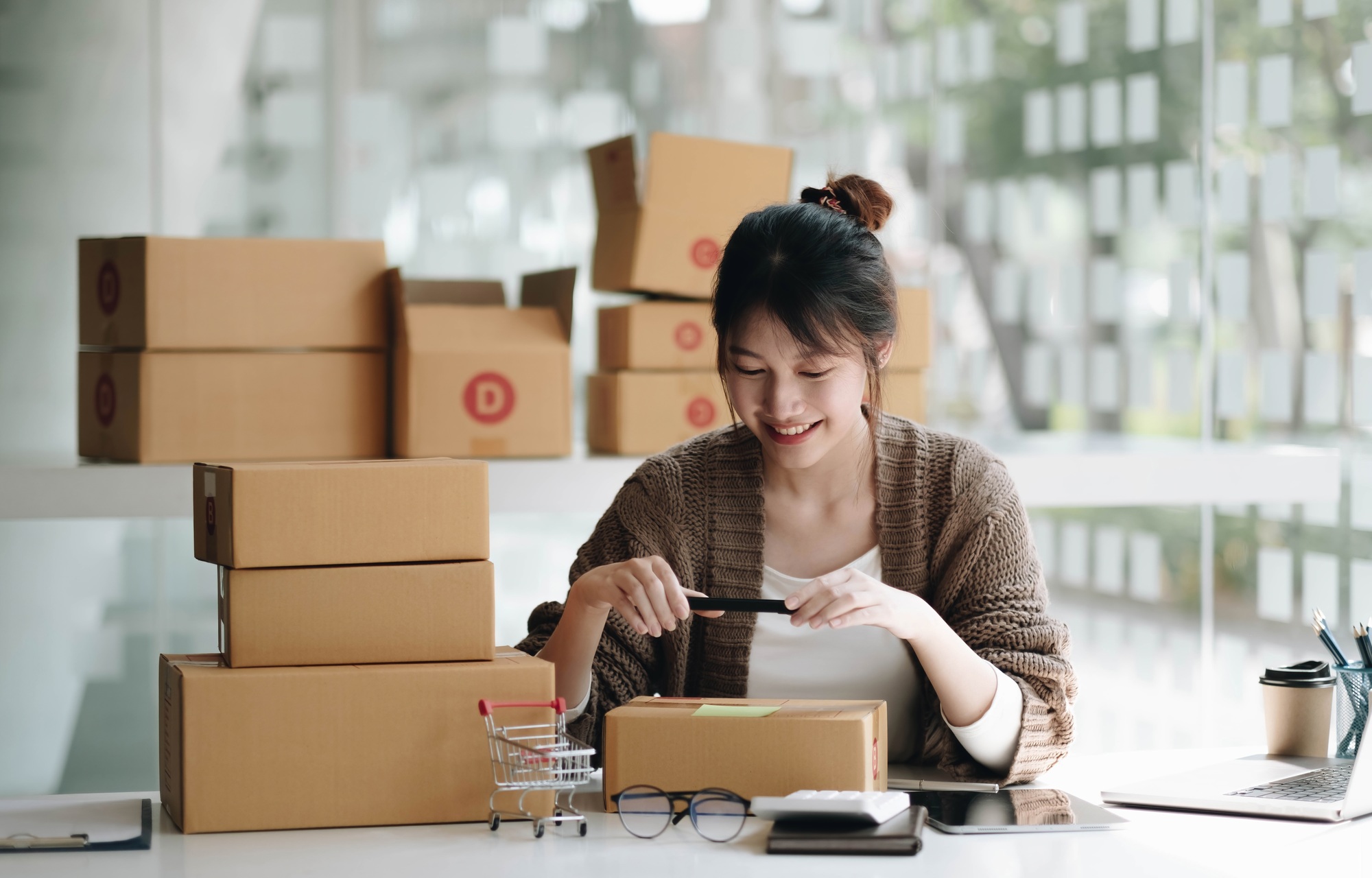 Startup small business SME, Entrepreneur owner using smartphone or tablet taking receive and