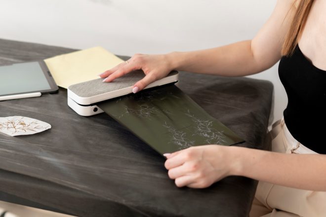 young woman prints new tattoo sketch on a paper using a printing machine in studio